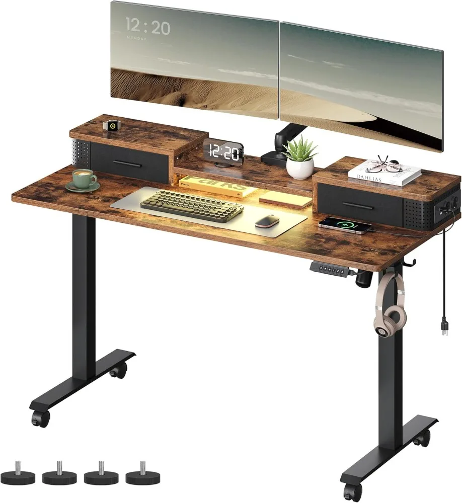 

VASAGLE Electric Standing Desk with Drawers, Sit Stand Desk with Built-in Power Strip, Adjustable Height, 23.6 x 55.1 Inches,