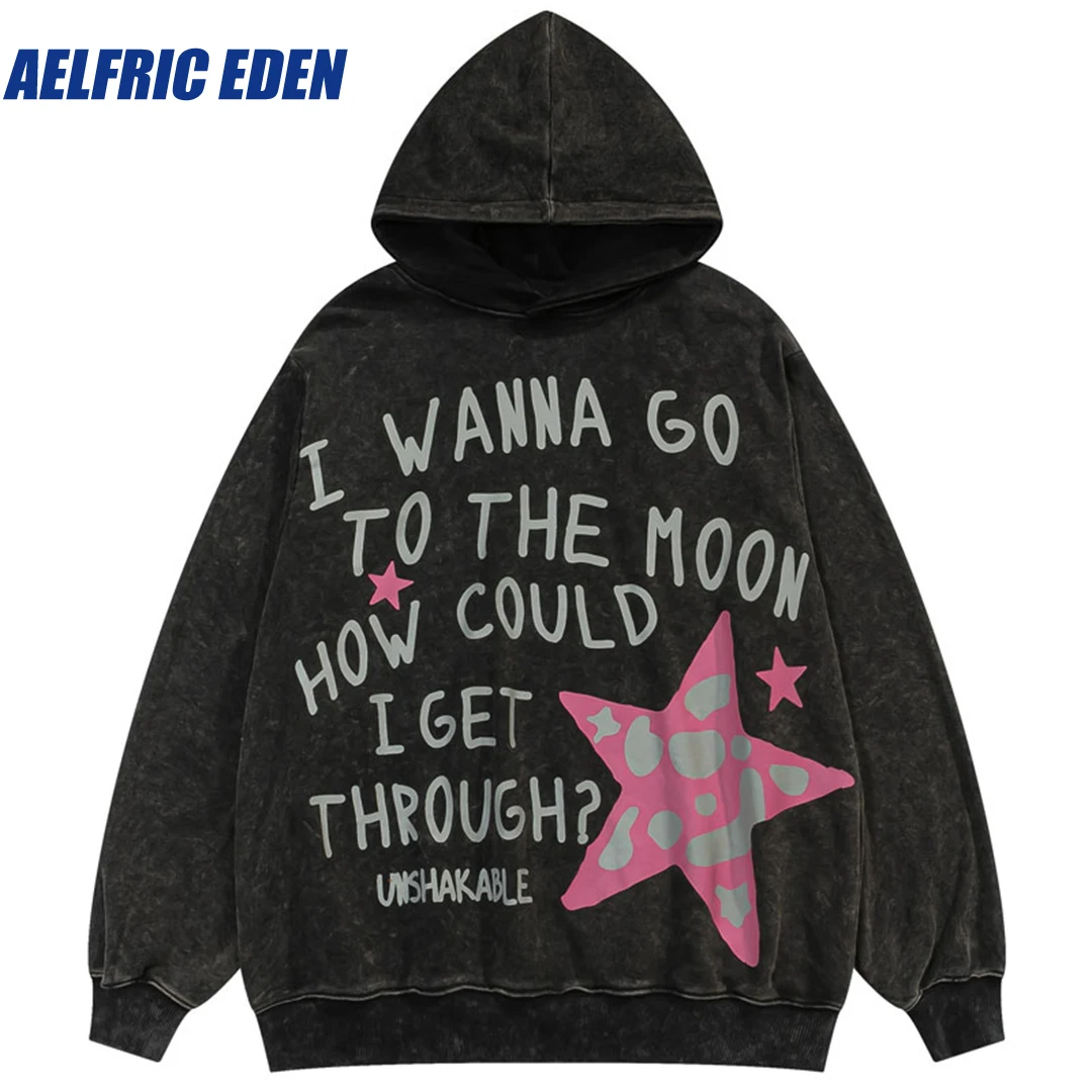 Aelfric Eden  Letter Star Graphic Print Punk Washed Vintage Hoodies Y2K Hip Hop Hooded Sweatshirt Streetwear Men Loose Pullover