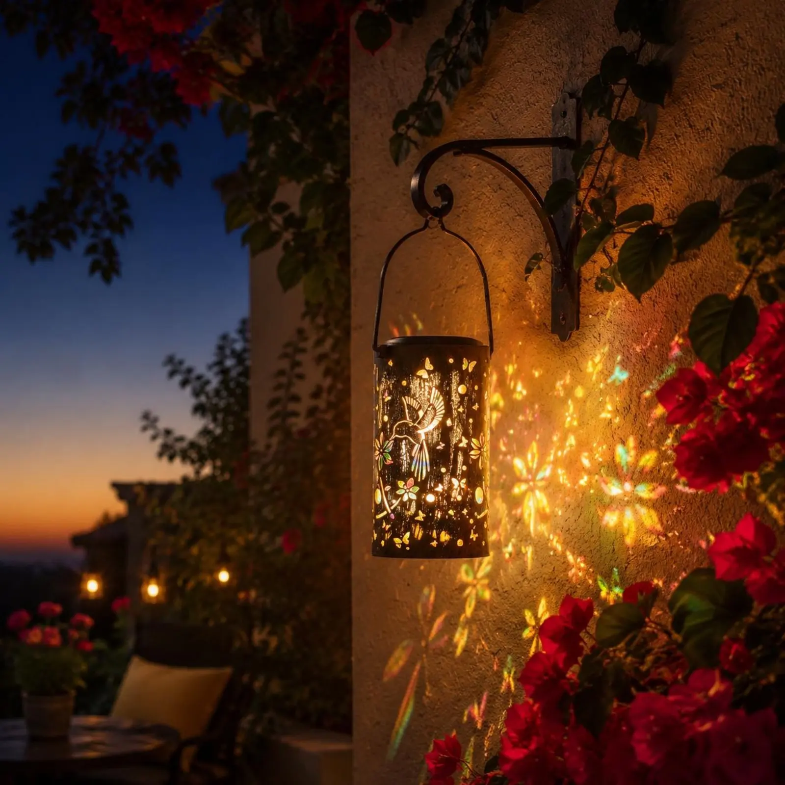 

Colorful Solar Garden Light Auto on Dusk Solar Metal Lantern Hollow out Hanging Light Decorative Hollow Metal Lantern Waterproof