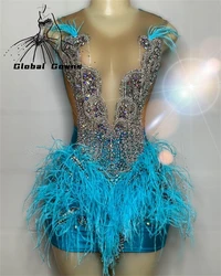 Luxury Beaded Black Girls Birthday Party Gowns Blue Feather Short Prom Dresses 2024 Mini Cocktail Homecoming Customized