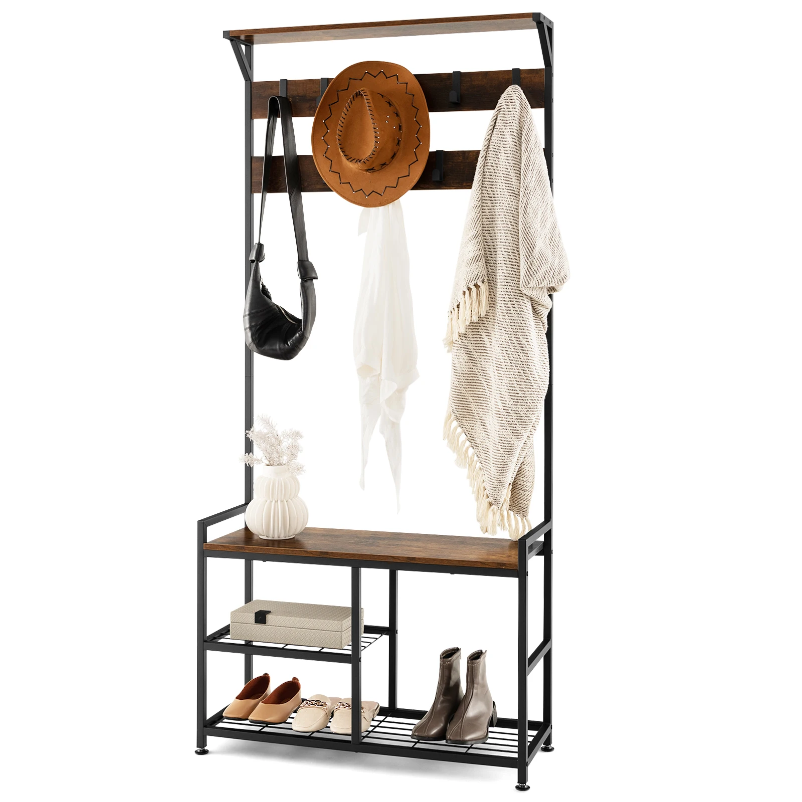 Coat rack with 9 hooks and shoe rack, 3 levels wardrobe, hallway wardrobe industrial design, dresses stand metal frame