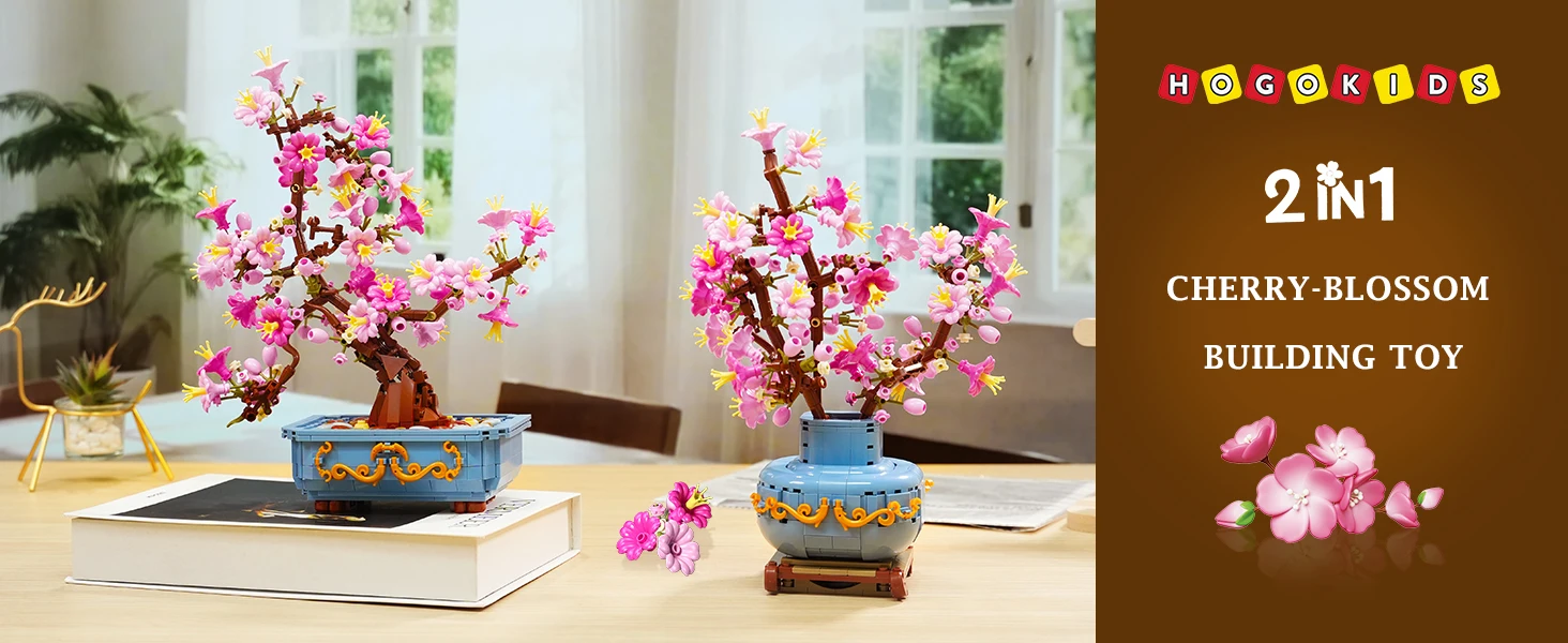 HOGOKIDS Flower Cherry Blossom Building Set 2 in 1 Bonsai Tree for Kids 8+ Artificial Botanicals Building Blocks Home Office Decor 775PCS Flowers Plants Birthday Christmas Gift for Adults Teens Girls