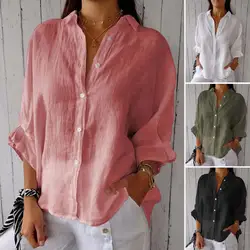 Women Autumn Korean Harjauku Solid Cotton and Linen Blouse Vintage Solid Thin Loose Shirt 2024 Casual 3/4 Sleeve Korean Tops