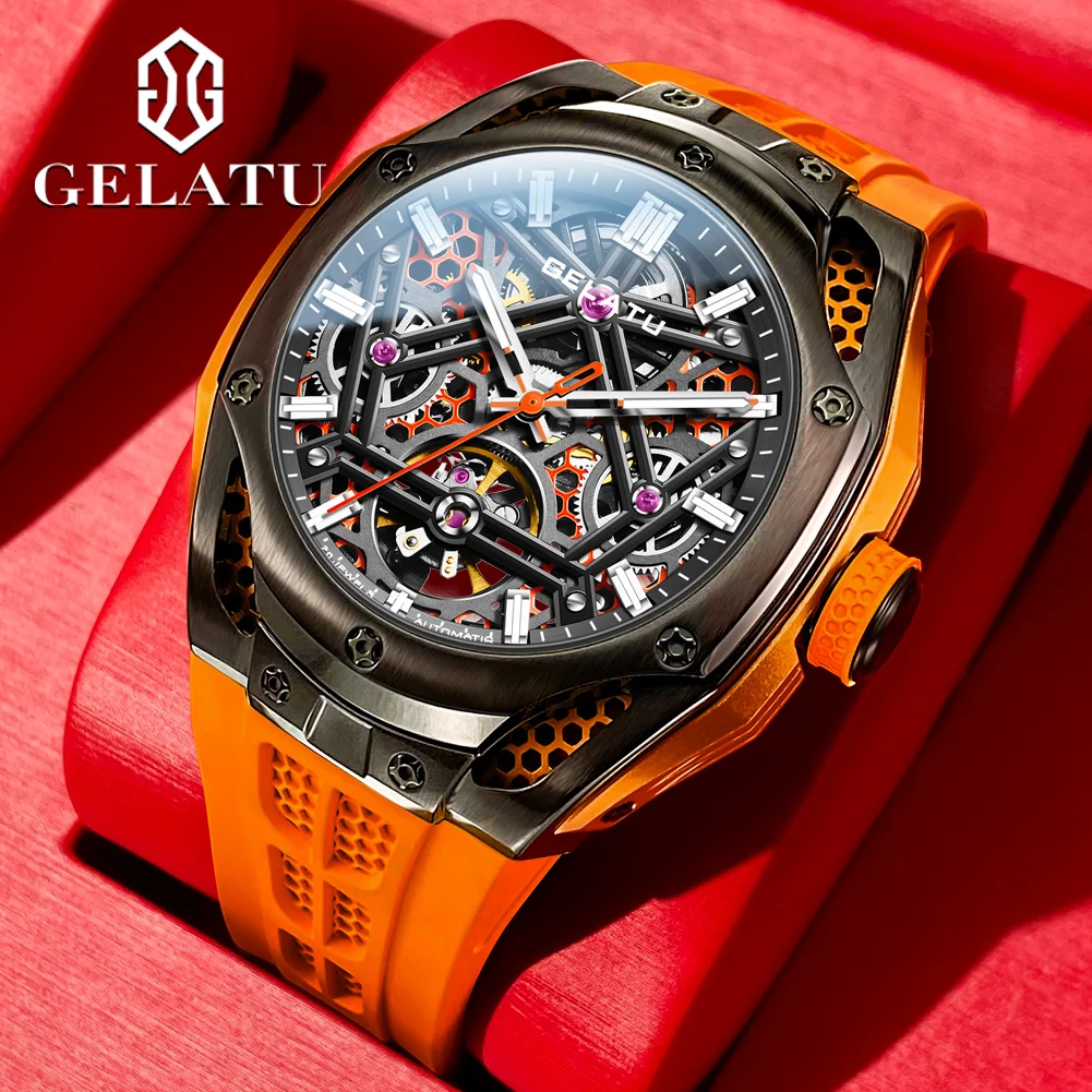 GELATU NEW Skeleton Tourbillon Watch For Men 5ATM Waterproof Luxury Sky Blue Automatic Mechanical Watches Mens Reloj Hombre