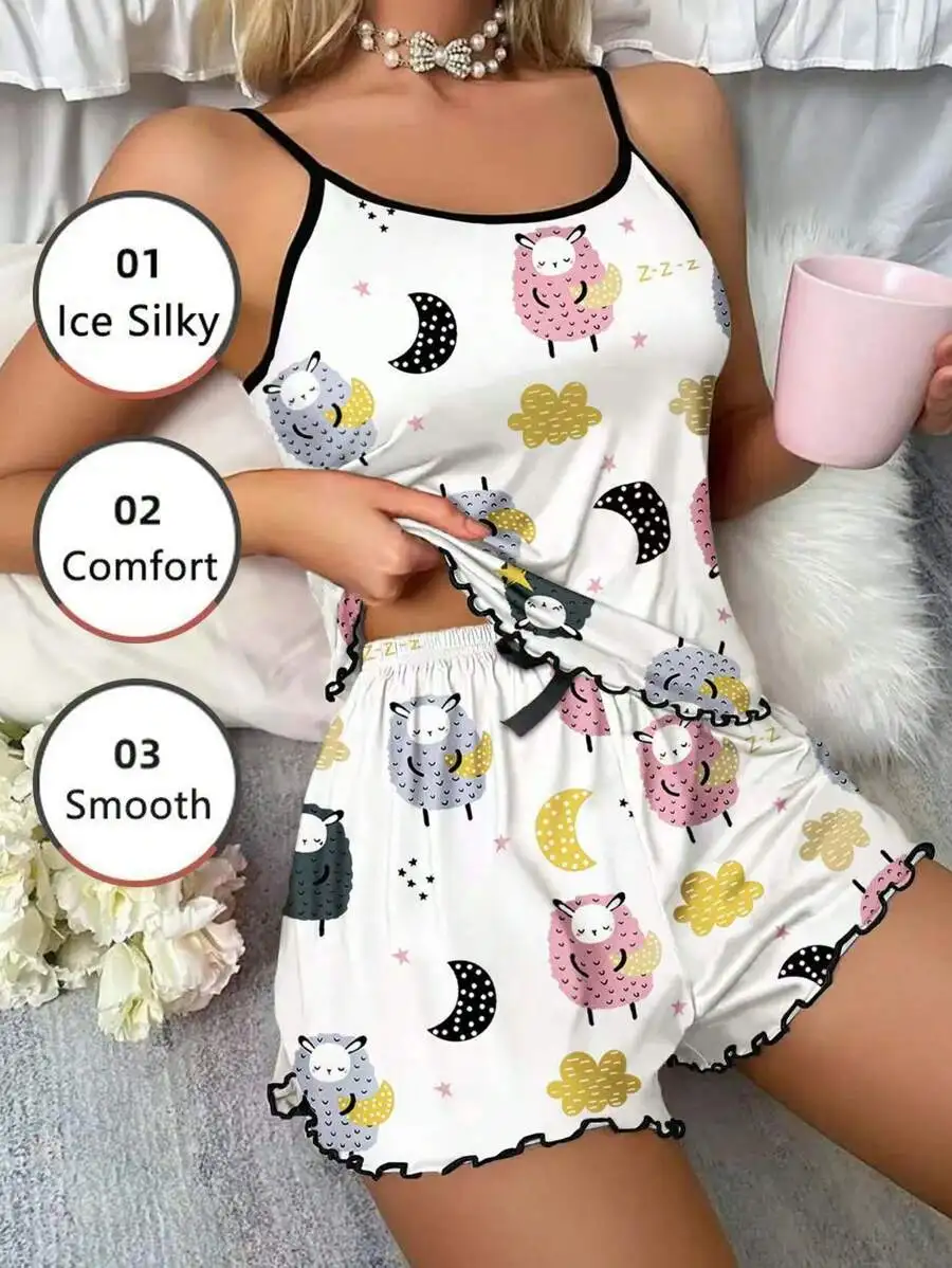 

2pcs Women Pajama Set Cute Sheep Moon Cloud Print Ruffle Trim Camisole Top And Shorts Sleepwear