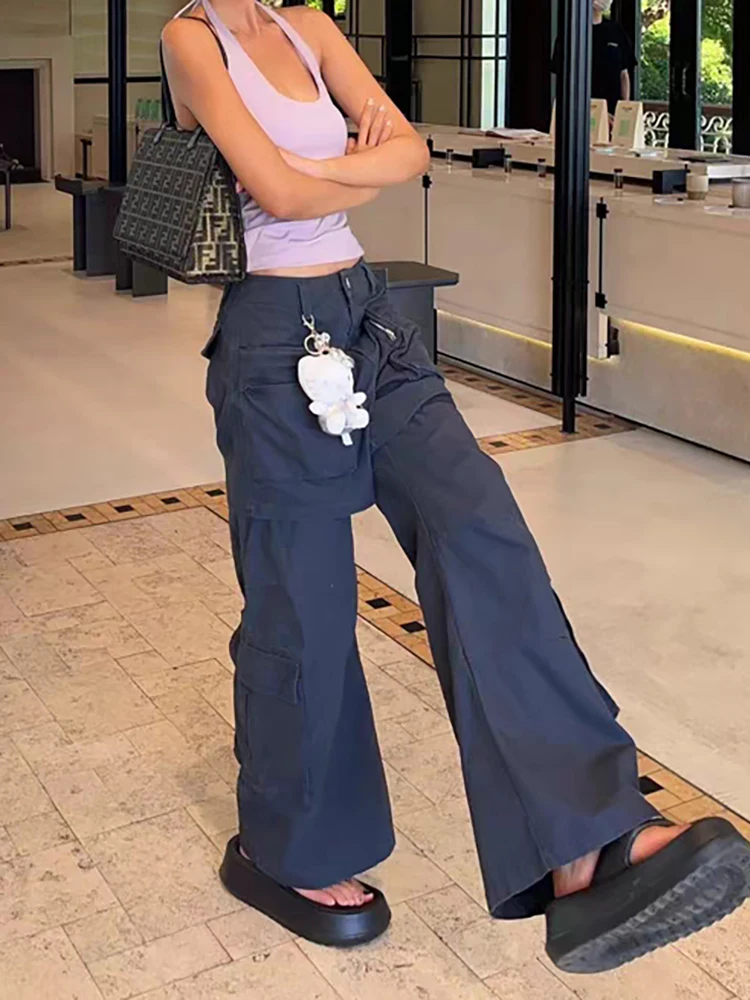 PBAP, pantalones vaqueros holgados con múltiples bolsillos empalmados para mujer, pantalones vaqueros lisos de tiro alto de verano, pantalones Cargo rectos anchos falsos, ropa Retro Grayu