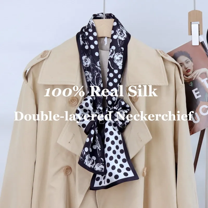 

Luxury Floral Print Neckerchief Silk Scarf Double Layer Hairband Small Neckerchief for Ladies Neck Hair Ribbon Tie Office Wear