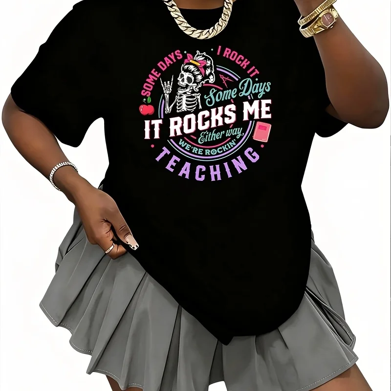 Some Days I Rock It Some Days It Rocks Me Teaching Women's 100% Cotton T-Shirt Fun Print Short Sleeve Top Casual Round Neck Tee S-5Xl