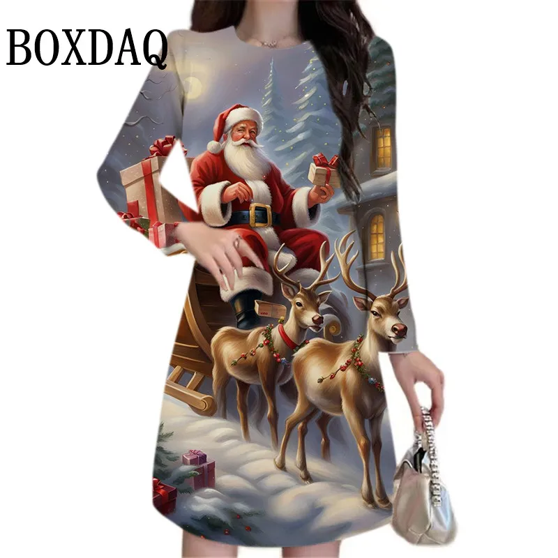 Christmas Graphic Women Dresses For Winter 3D Santa Claus Printing Party A-Line Dress Funny Streetwear Casual Long Sleeve Dress