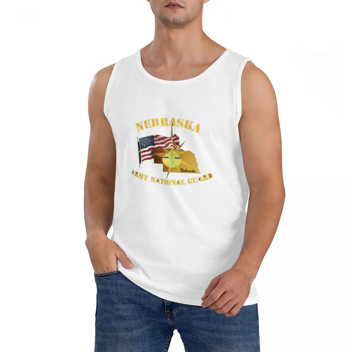 100% Cotton Nebraska Army National Guard Arny W Flag Sleeveless T-Shirt Men Workout Sports Clothing Tops Men's Crew Neck Vest