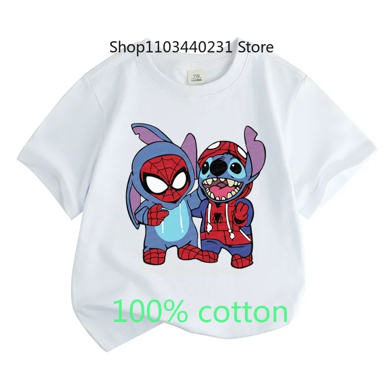 Summer Children 100% Cotton Fashion Clothes Tops Stitch Cartoon Anime Round Neck Short-sleeved T-shirt Boys Girls Toddler 2-15Y