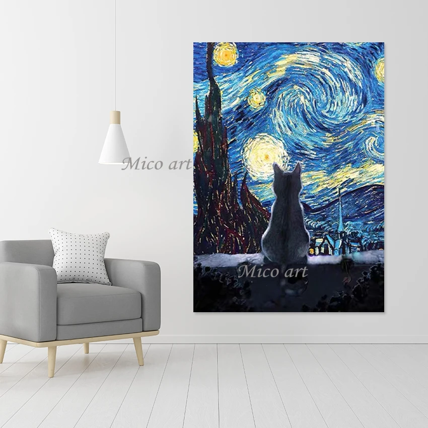 

Unframed Cat Design Textured Art Wall, Linen Canvas, Night Scenery Abstract Acrylic Decor Picture, Cute Animal Modern Artwork