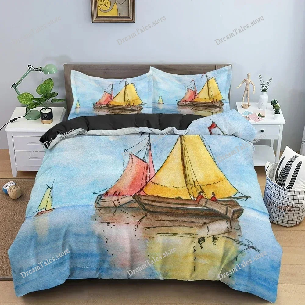 

Watercolor Sailboat Bedding Set Bedclothes King Queen Twin Duvet Cover Set with Pillowcase 3D Luxury Quilt Covers Luxury Gift