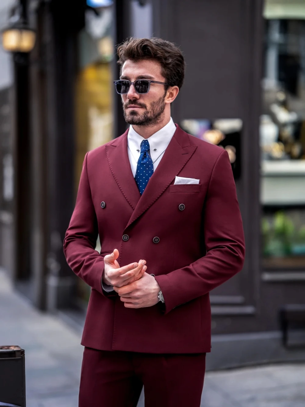 Stylish Slim Fit Men's Suit Set,Elegant Double Breasted Tuxedo 2 Pieces Blazer Pants For Men, Customized Chic Peak Lapel Suits
