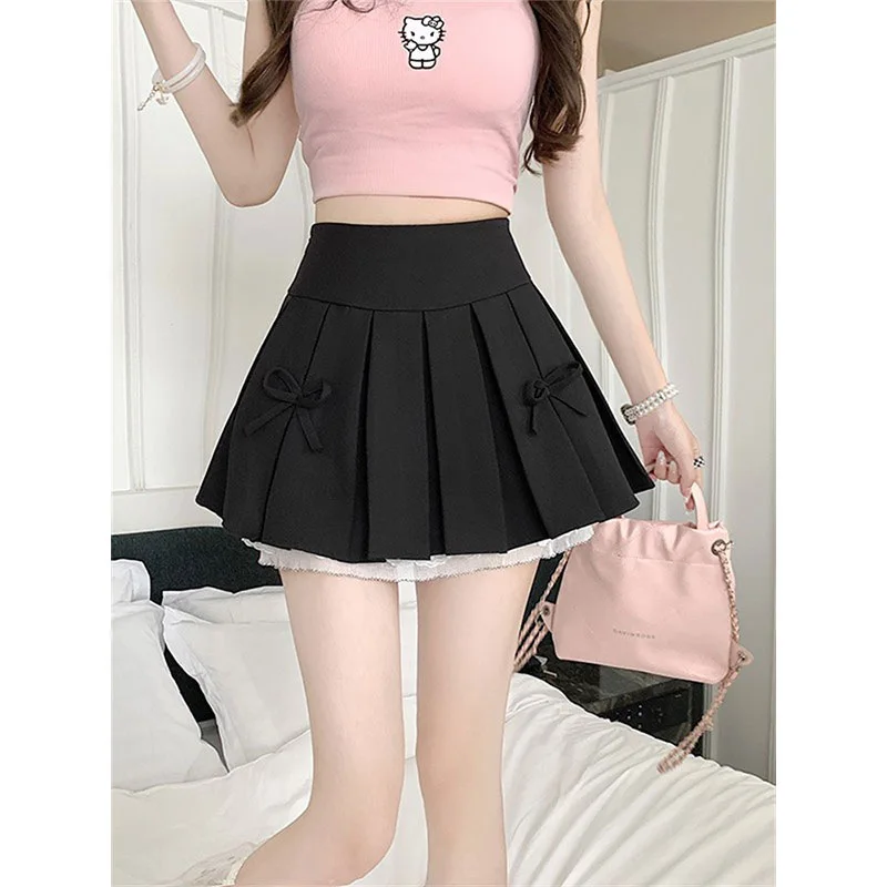 City Outdoor Style High Waist Pleated  Skirt Women's Lace Design  Knot Short Skirts Fashion Slimming A-Line