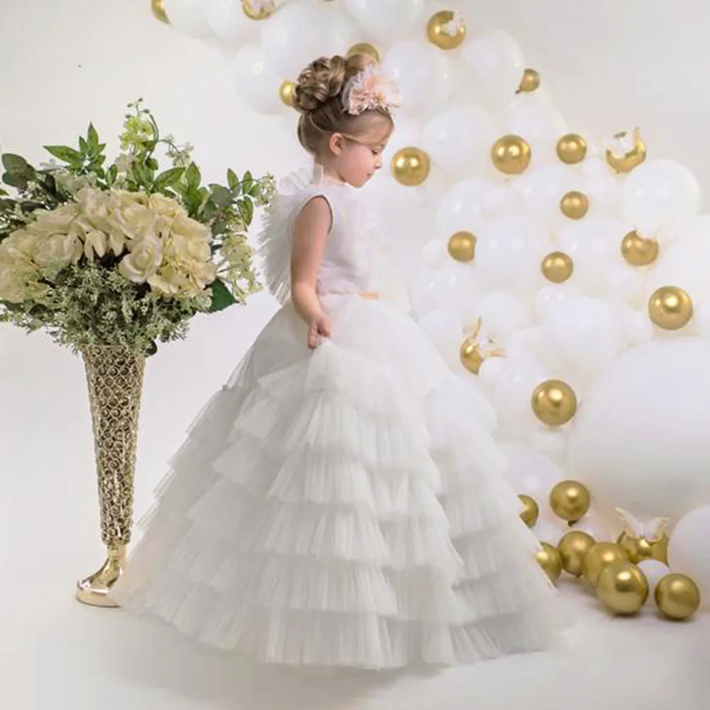

Custom Flower Girl Dress For Wedding Elegant Tulle Puffy Sleeveless White Princess Child First Eucharistic Birthday Party Dress