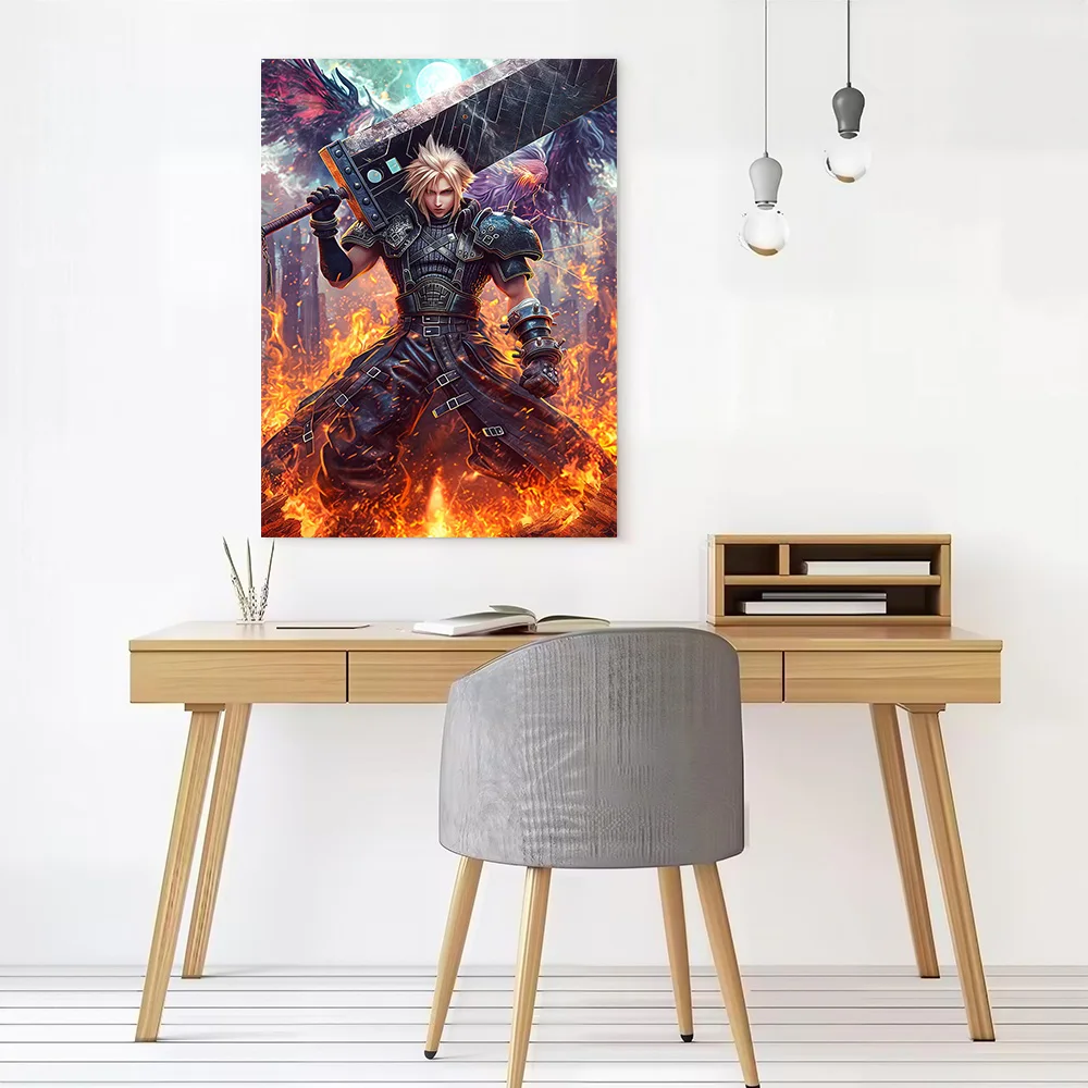 Cloud Strife in Fiery Battle Scene Poster Customizable Printed Canvas Painting for Pictures Wall Art Room Decorating Interior