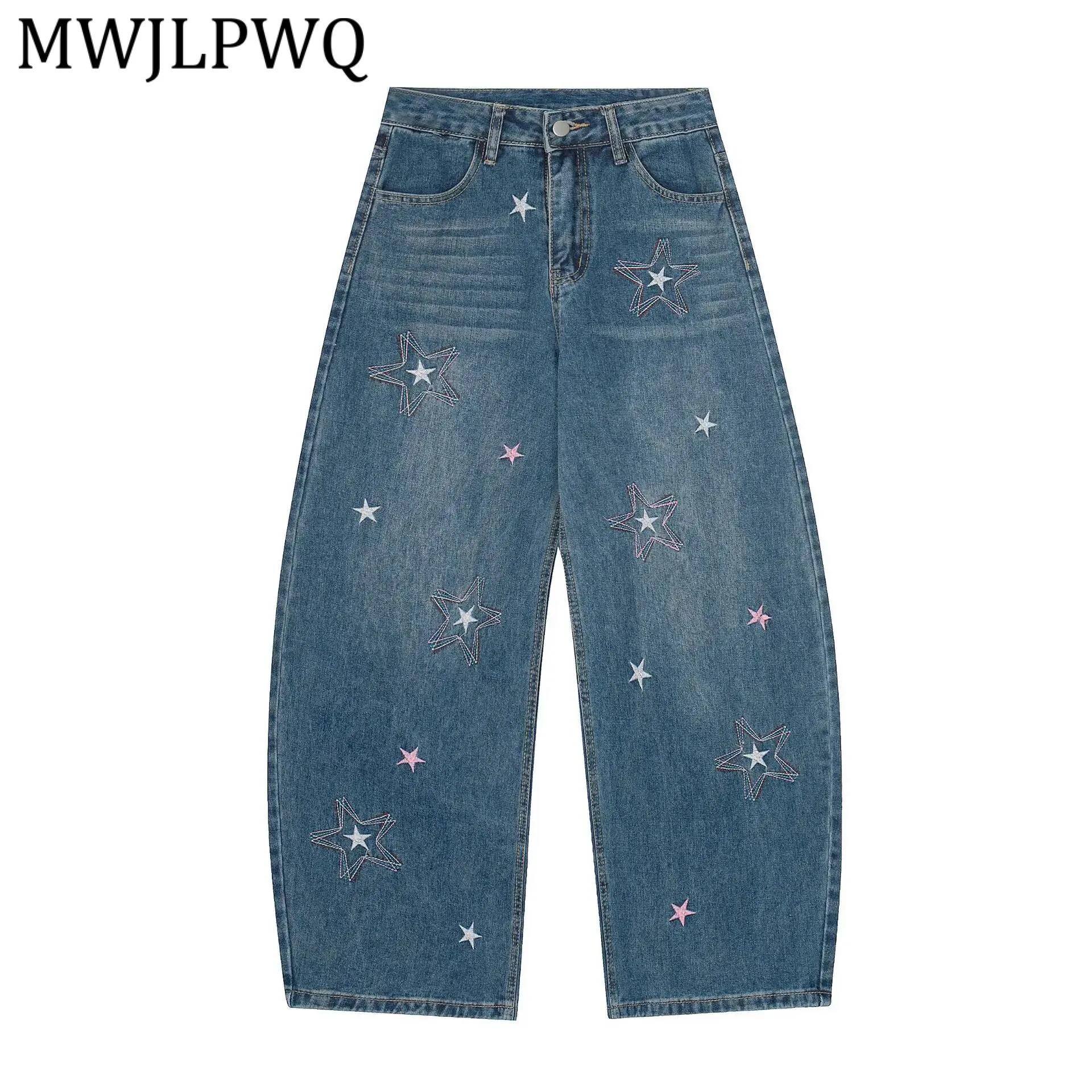 

MWJLPWQ American Retro Loose Embroidery Jeans Male High Street Personality Cleanfit Design Machete Wide Leg Pants Spring 21965