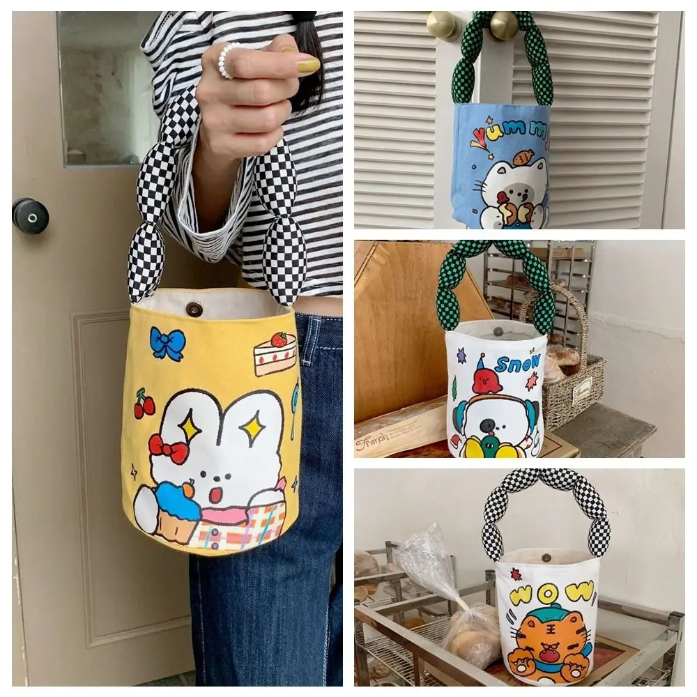 Grande capacidade Cartoon Canvas Bucket Bag, estilo coreano tigre lancheira, portátil, coelho