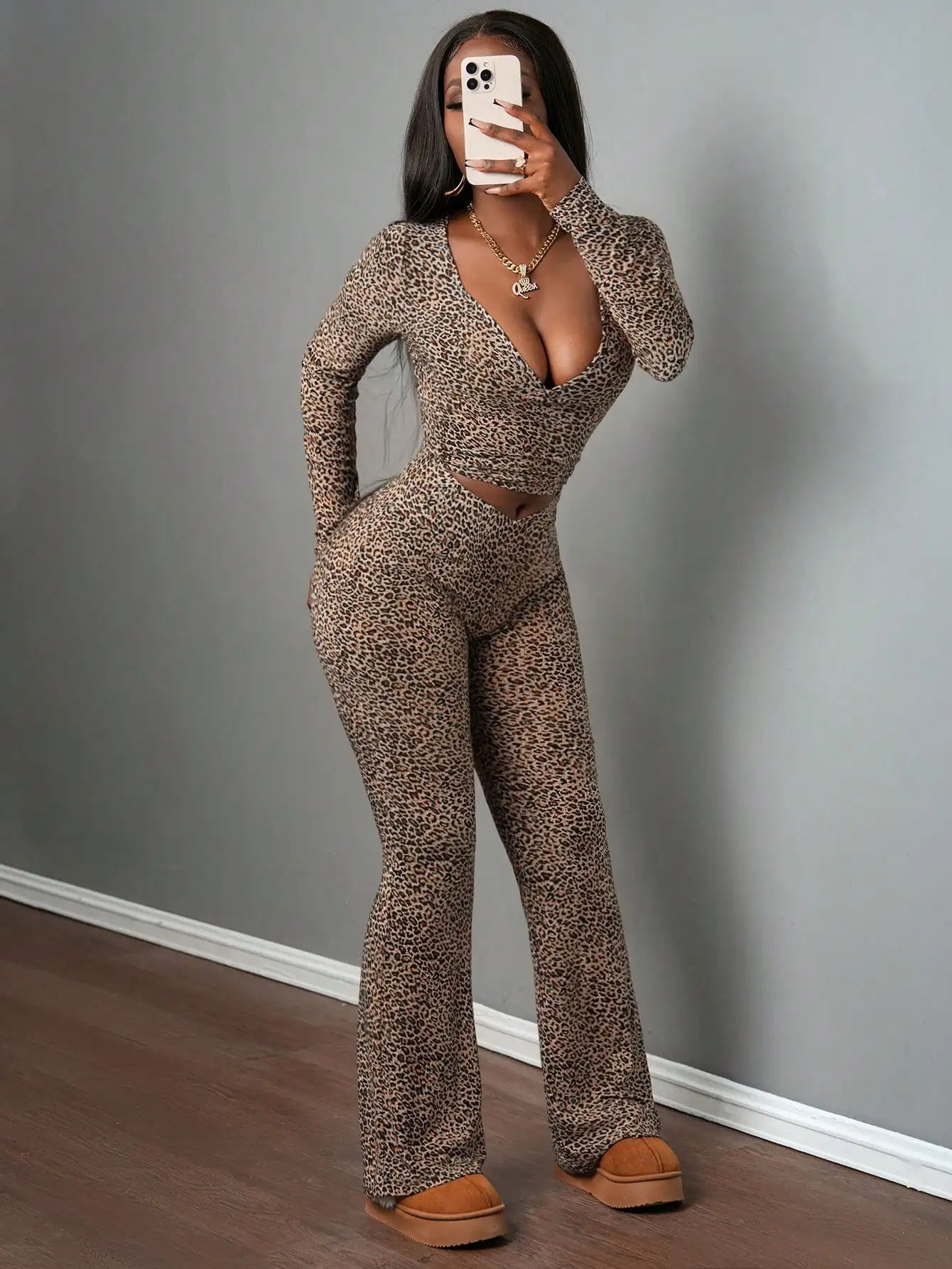 

Leopard Print Sexy Casual 2 Piece Set Women Fitted Top And Flare Pants
