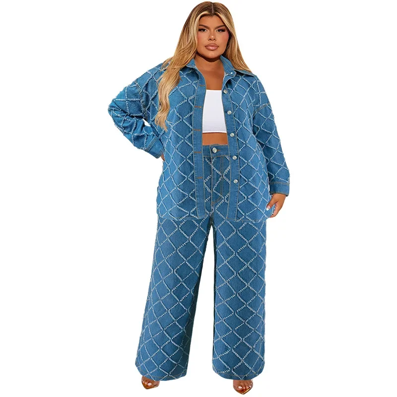 Chemisier boutonné à manches longues et pantalon large pour femme, vêtements décontractés, grande taille, mode printemps, ensemble 2 pièces