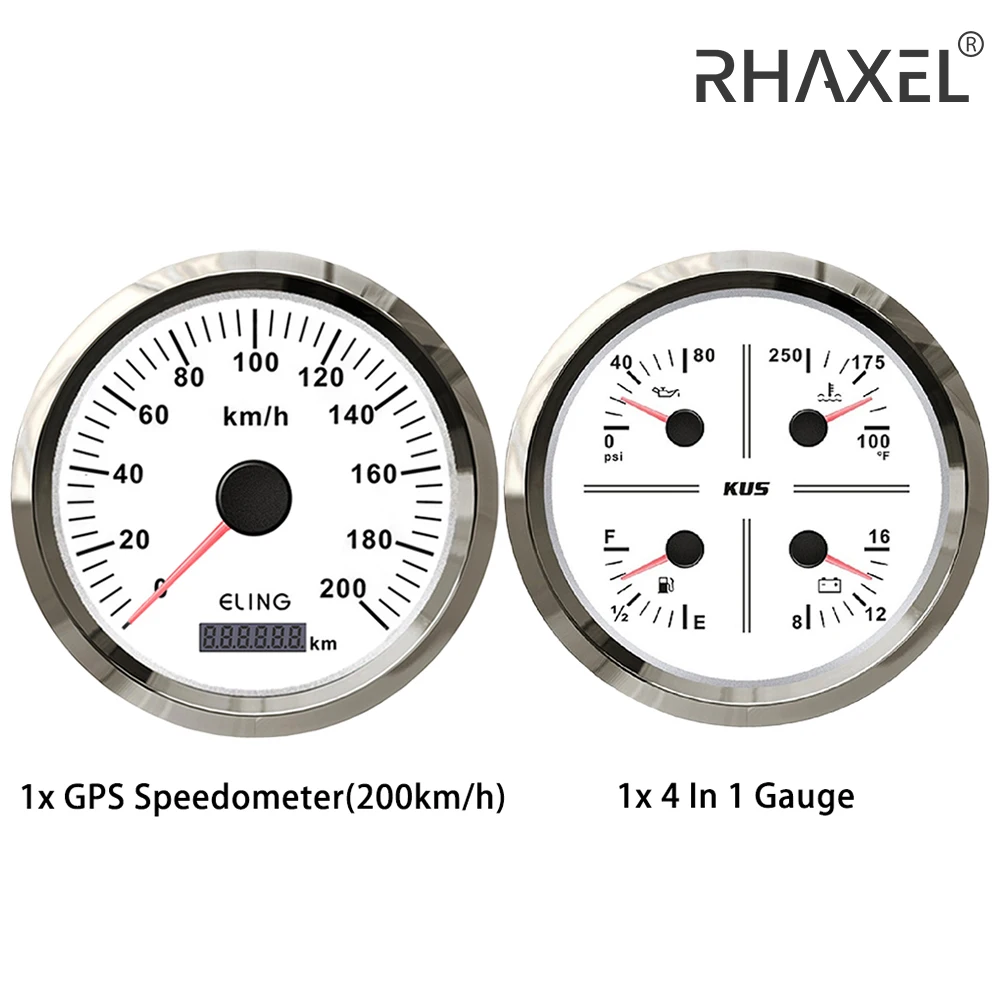 RHAXEL 2 Gauge Set 110mm Speedometer GPS 200km/h 4in1 Fuel Level Water Temp. Oil Pressure Voltmeter 12V for Car Tractor Vessels