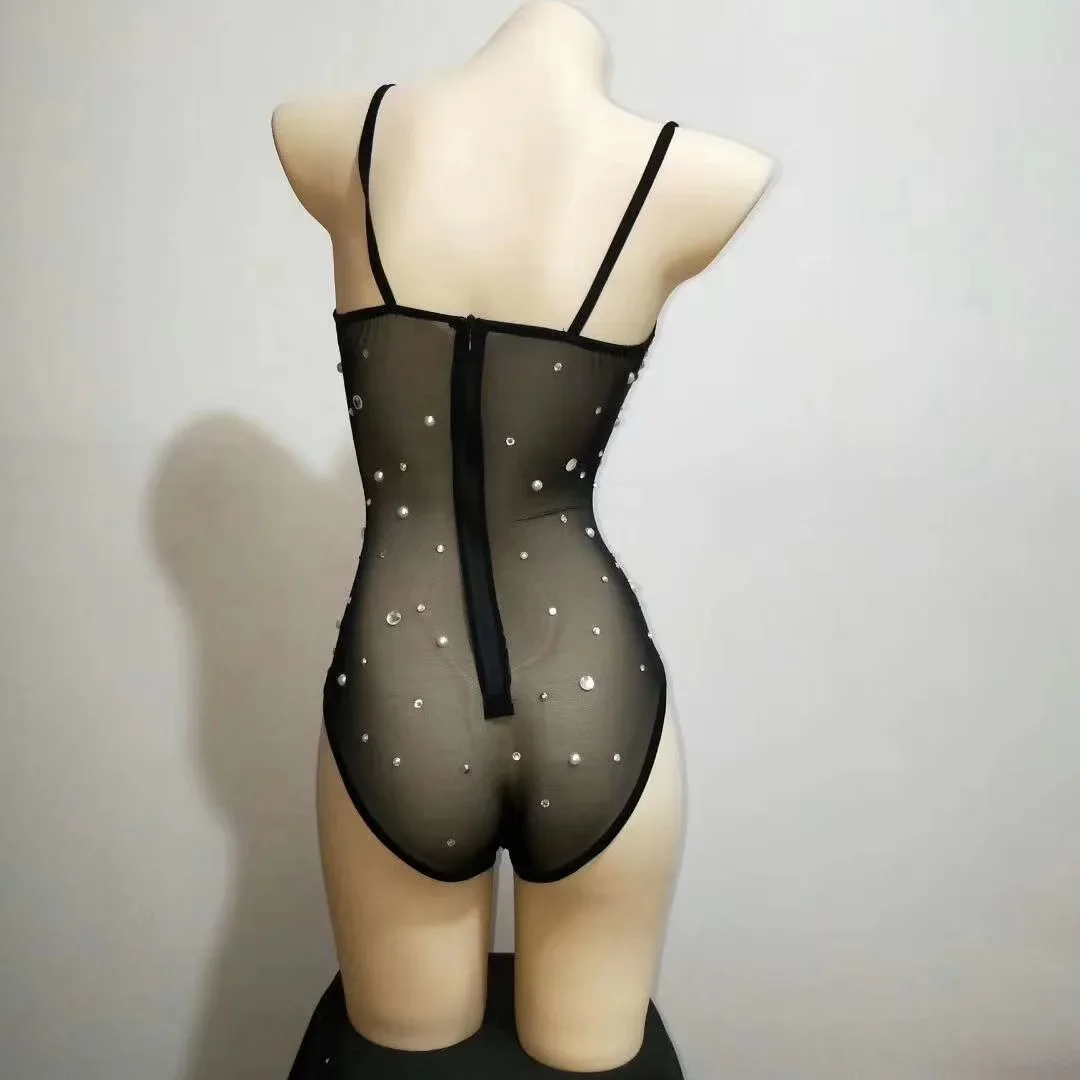 Body Sexy en perles pour femmes, strass, sangle transparente, Drag Queen, tenue d'anniversaire, justaucorps noir, vêtements de scène, 2026
