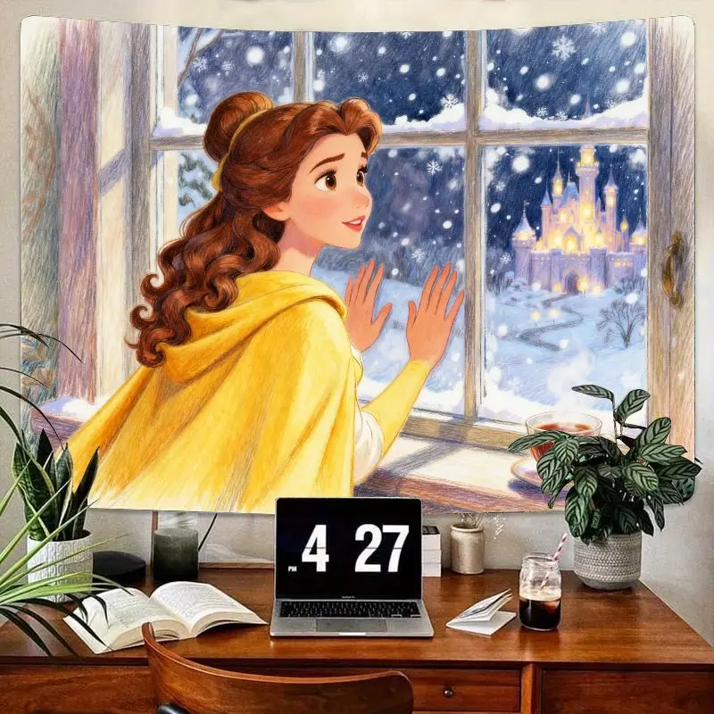 

1 шт. сказочный гобелен Disney Belle, Красавица и чудовище, снежный замок, настенное искусство на окно, декор комнаты с зимней мечтой, подарок для девочек