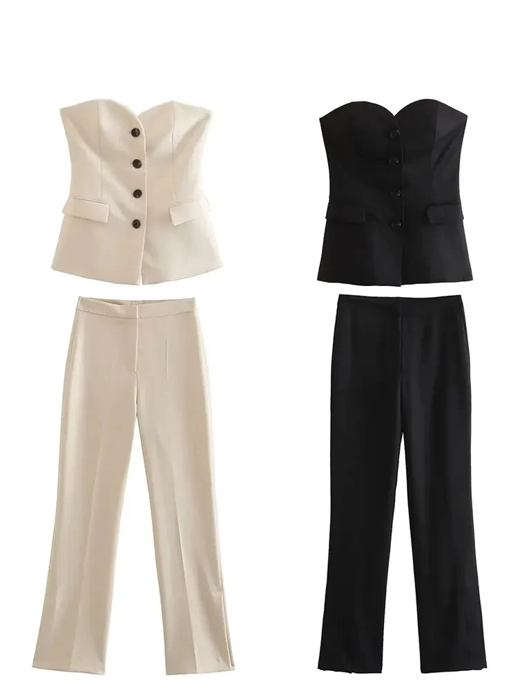 HH 2024 Women Fashion Solid Pant Suit Sleeveless Off Shoulder Single Breasted Tube Top+Simple All-match Straight Trouser Set