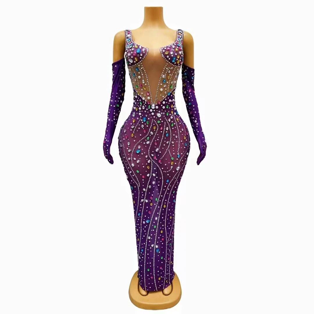 

Sexy Transparent Mesh Colorful Rhinestone Pearl Purple Long Dress Model Singer Birthday Evening Party Stage Performance Costume