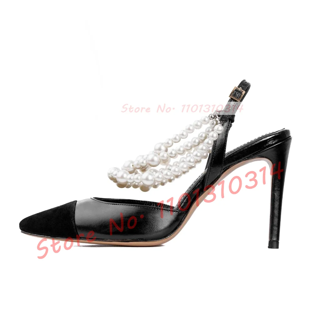 Pearl Chain Back Strap Sandals Women Elegant Black Splicing Pointed Toe Party Dress High Heels Ladies Summer Fashion New Shoes