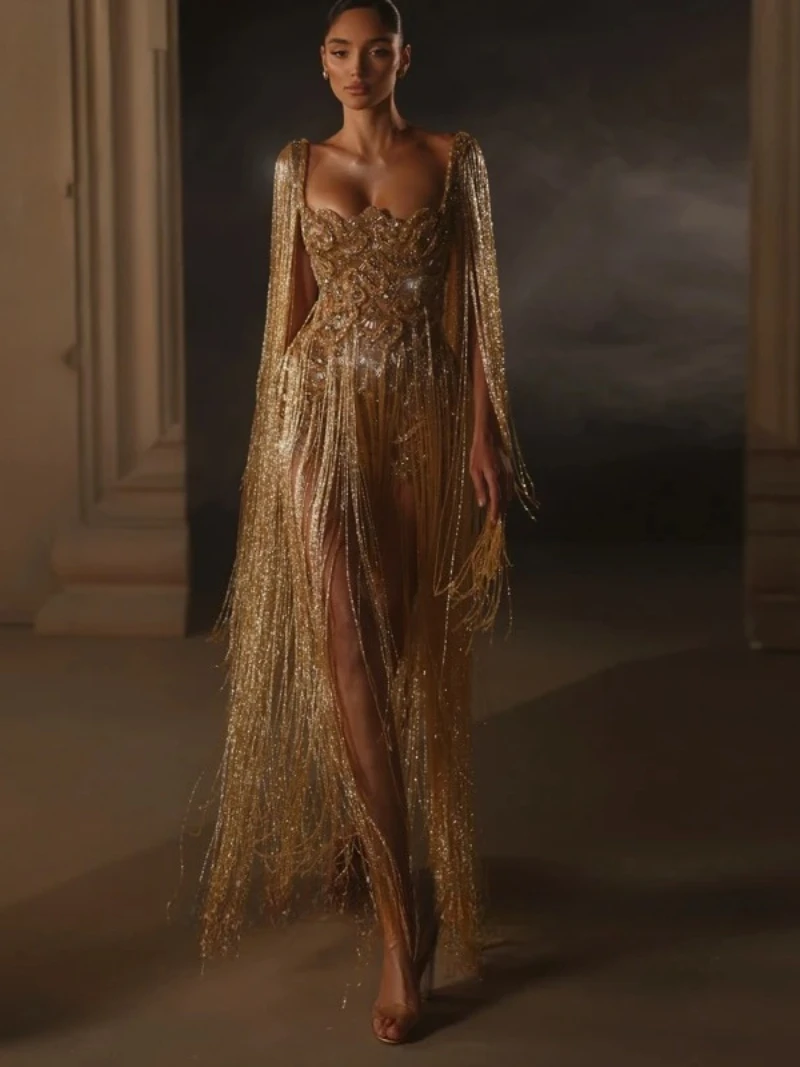 Customized Elegant Exquisite Luxury Shiny Wedding Dresses Temperament Charming Unique Golden Straight Tassel Gowns for Bride