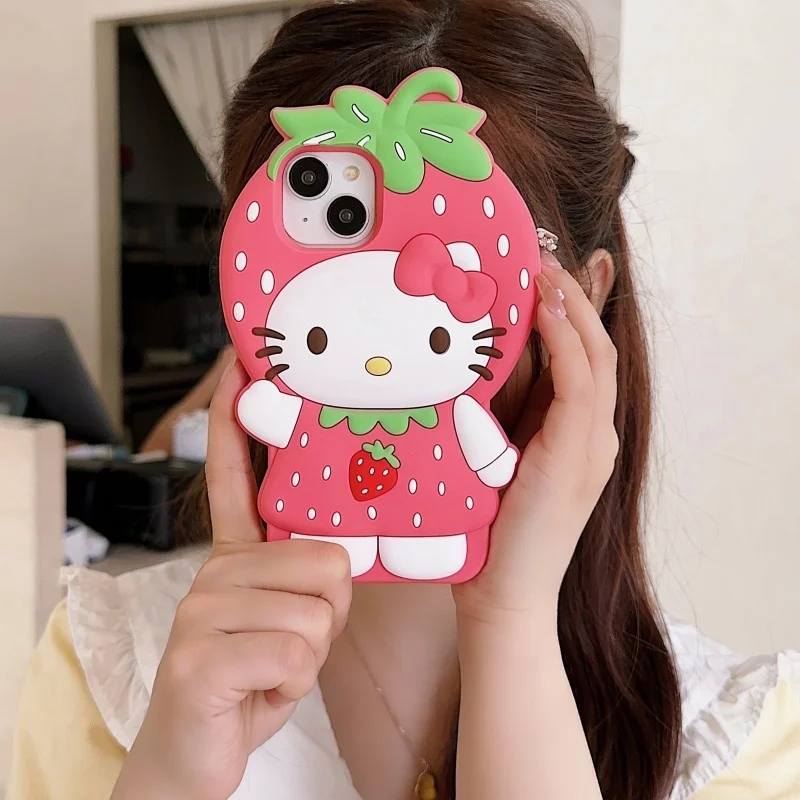 

Cute Sweet Pink strawberry Hello Kitty Cat Soft silicone Phone Case For iPhone 13 14 15 16 17 Pro Max Cartoon solid Kitty Cover