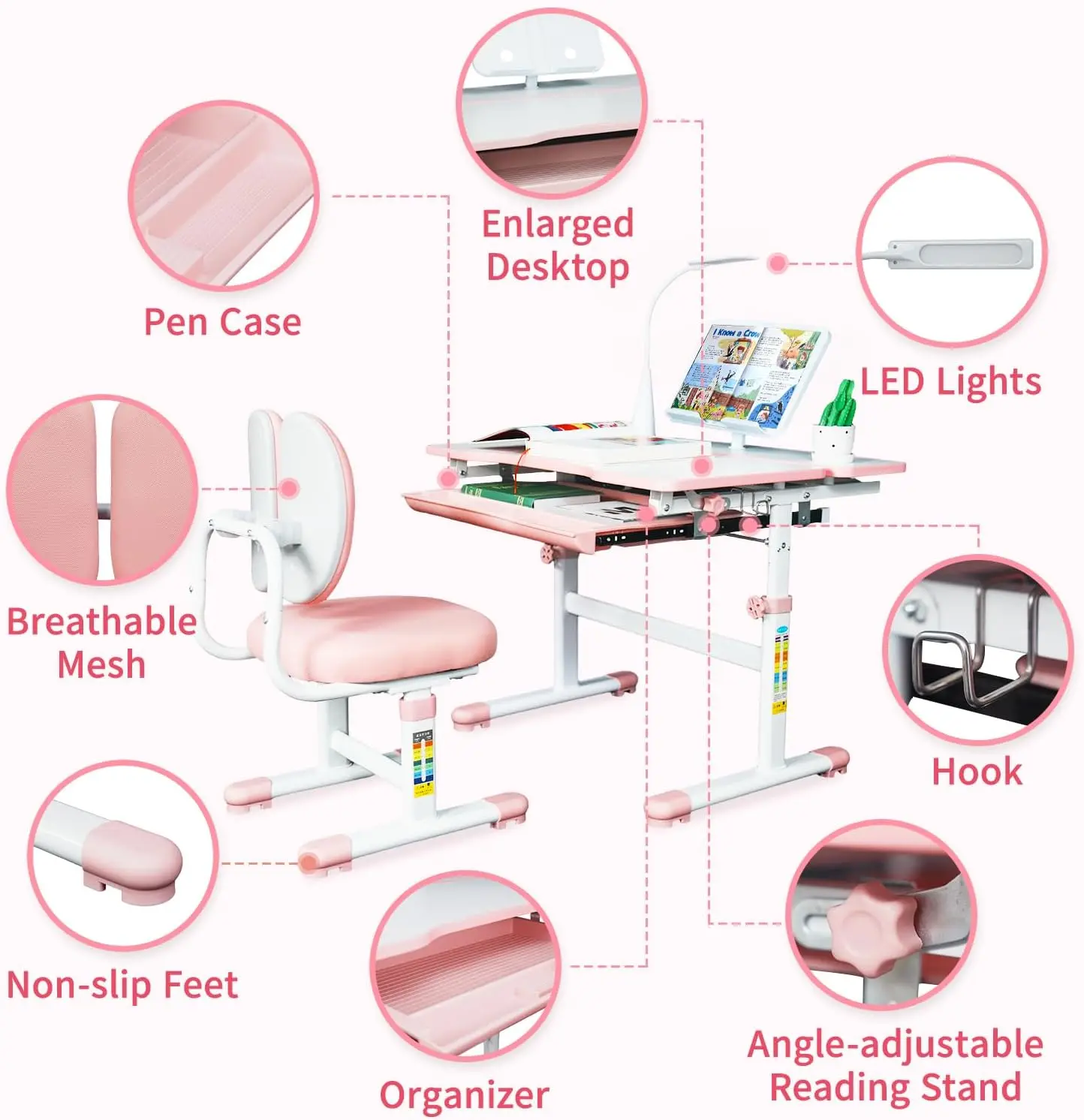 Height-Adjustable Chair and Desk for Kids, Kid Desk with 3 Modes and 3 Brightness Led Lamps, Childrens Desk with 60° Tilting Tab