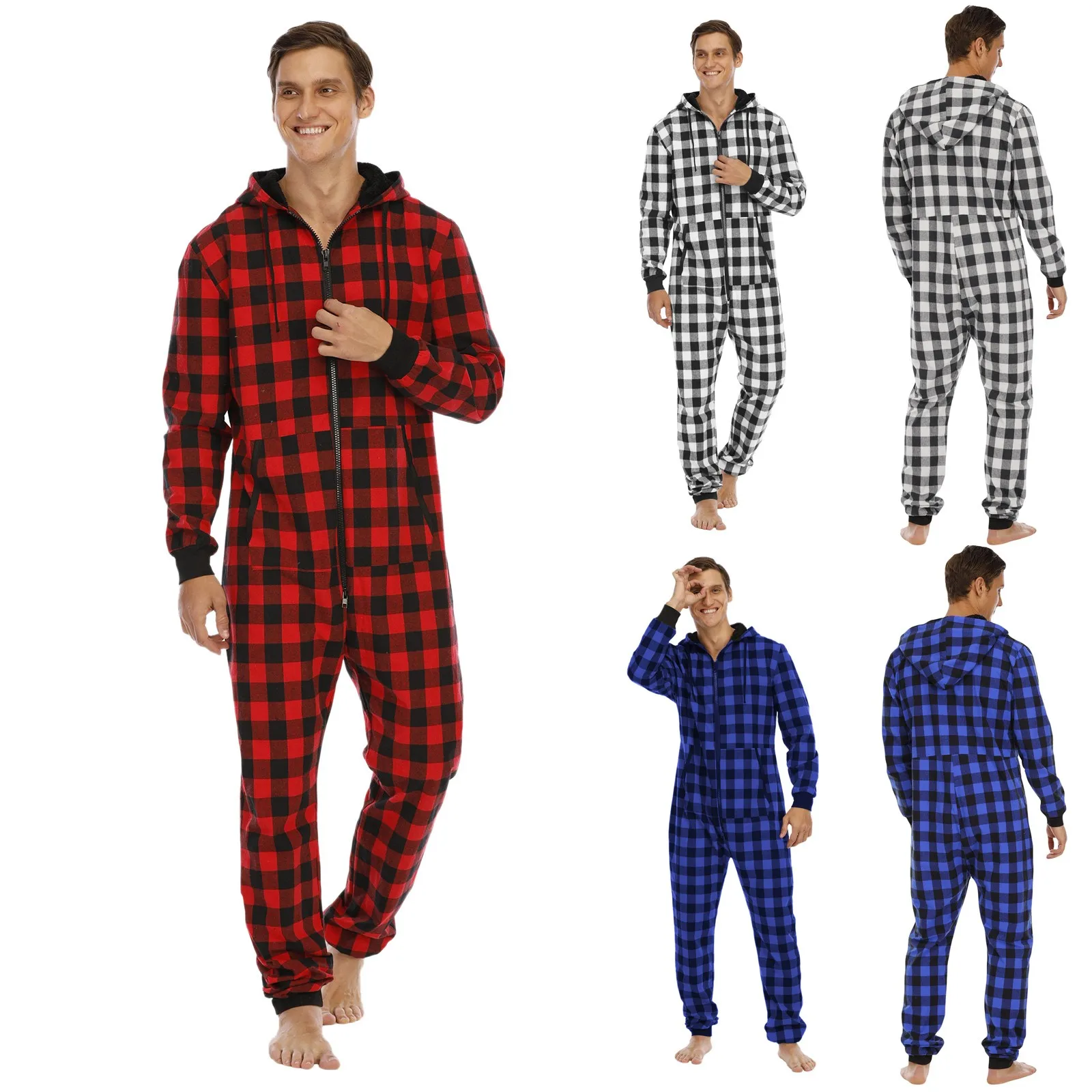 Mens tutina tuta pigiama manica lunga Vintage Plaid tuta autunno inverno felpa con cappuccio maschile Zipper Playsuit maschile pagliaccetto Sleepwear