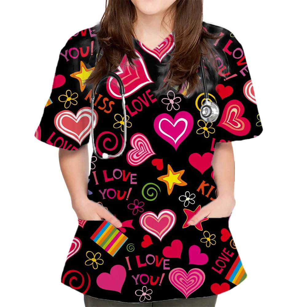 

Women Scrub Nurse Pocket Design Short Sleeve Cartoon V-Neck Working T shirts Heart Print Healthcare Tunic Carers Workwear Tops