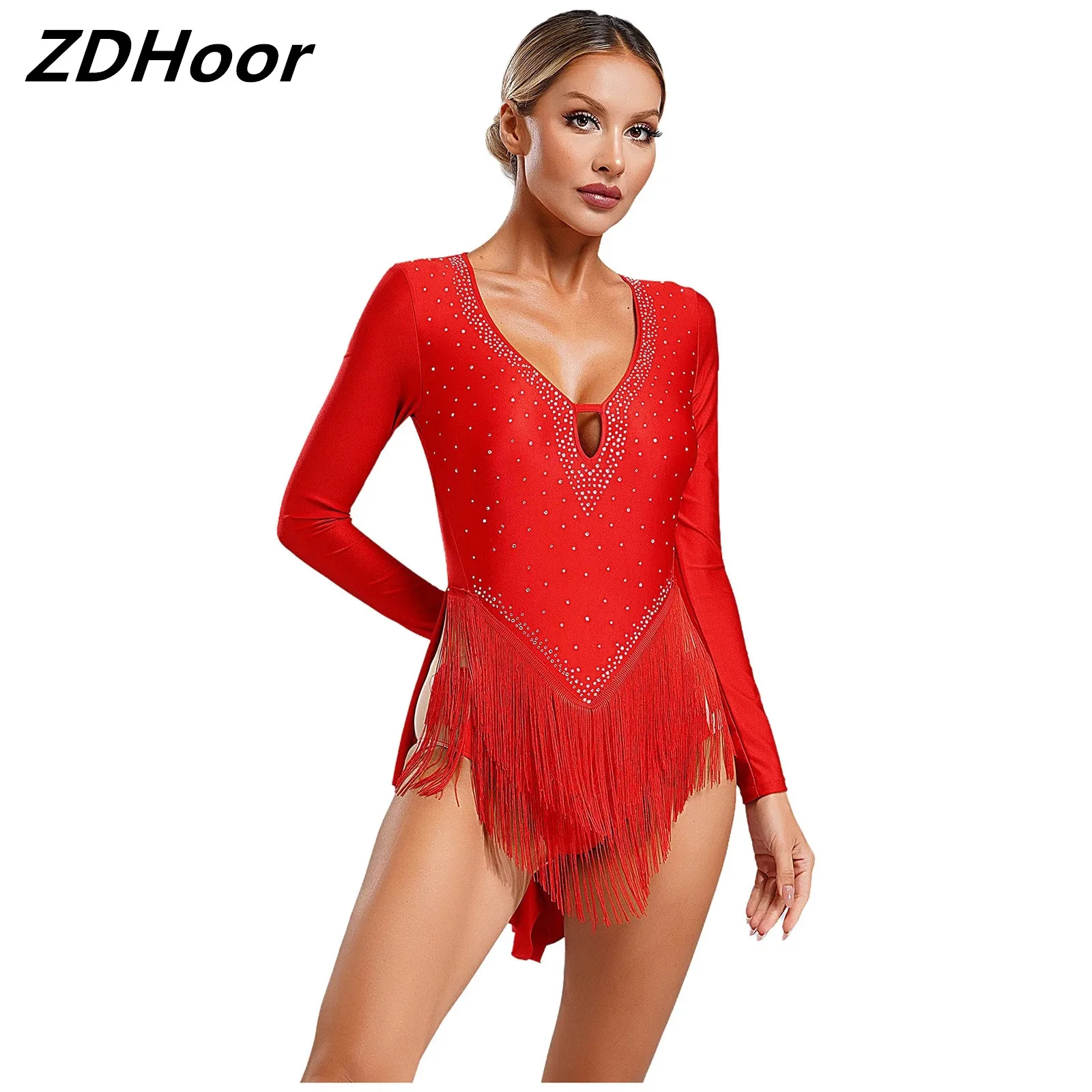 

Womens Latin Dance Leotard Glittery Rhinestones Fringe Leotard Deep V-Neck Long Sleeve Backless Bodysuit Dancewear