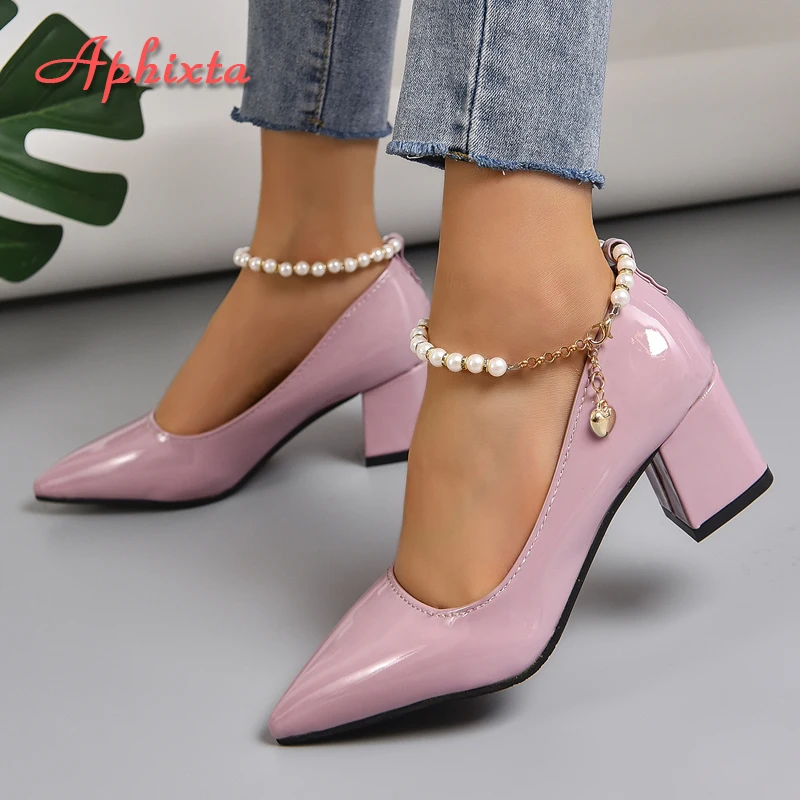 Aphixta-Patent Leather Chunky Heels para mulheres, cristais, corrente de pérolas, sapatos de cinta no tornozelo, moda lazer, plus size, 30-50, 5cm,