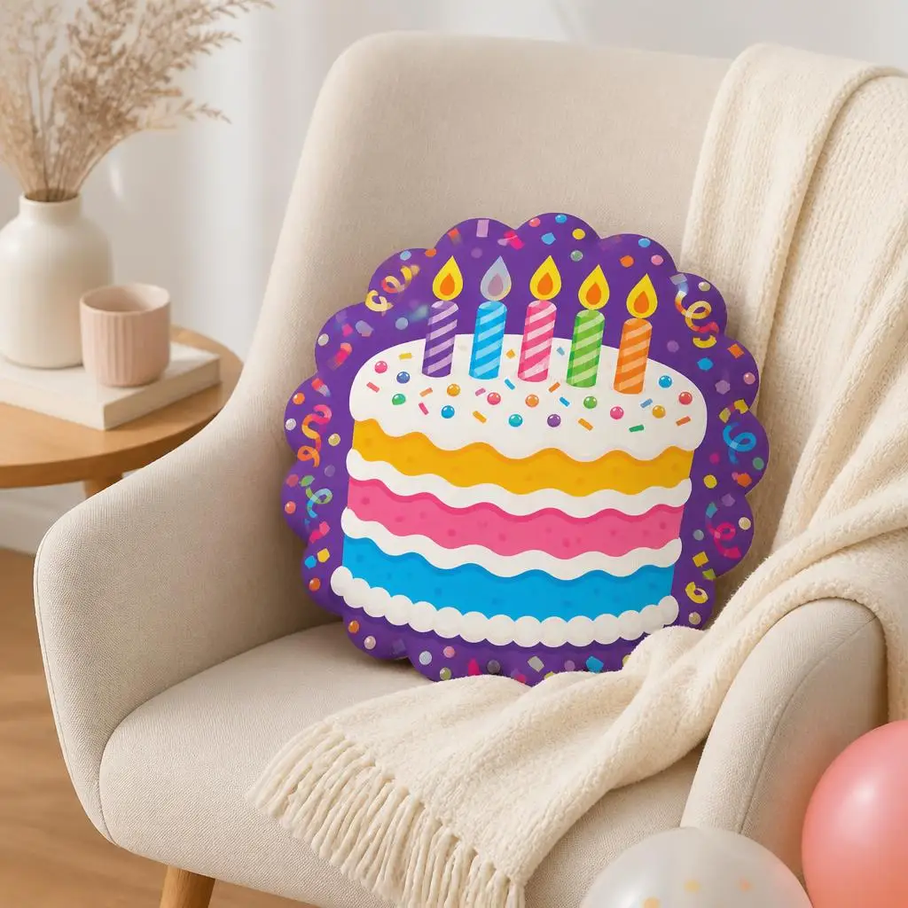 Colorful Birthday Cake Pillow Party Celebration Cushion with Candles Plush Stuffed Throw Pillow Festive Home Decor Gift