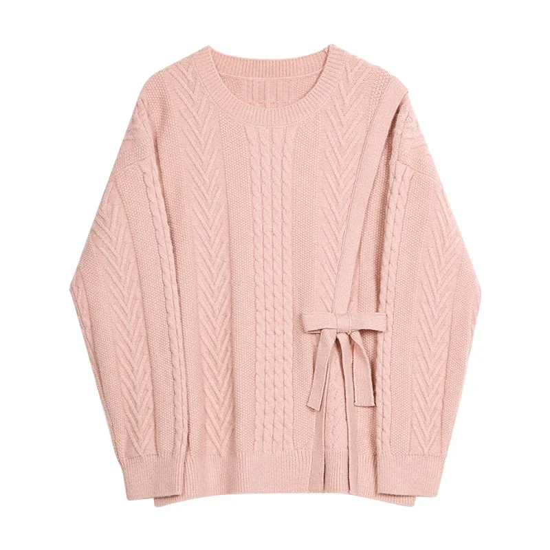 ALXNAN Round Neck Pink Knitted Sweater 2024 Autumn Winter Irregular Split Long Sleeve Knit Tops Loose Women\'s Pullovers LXN32173