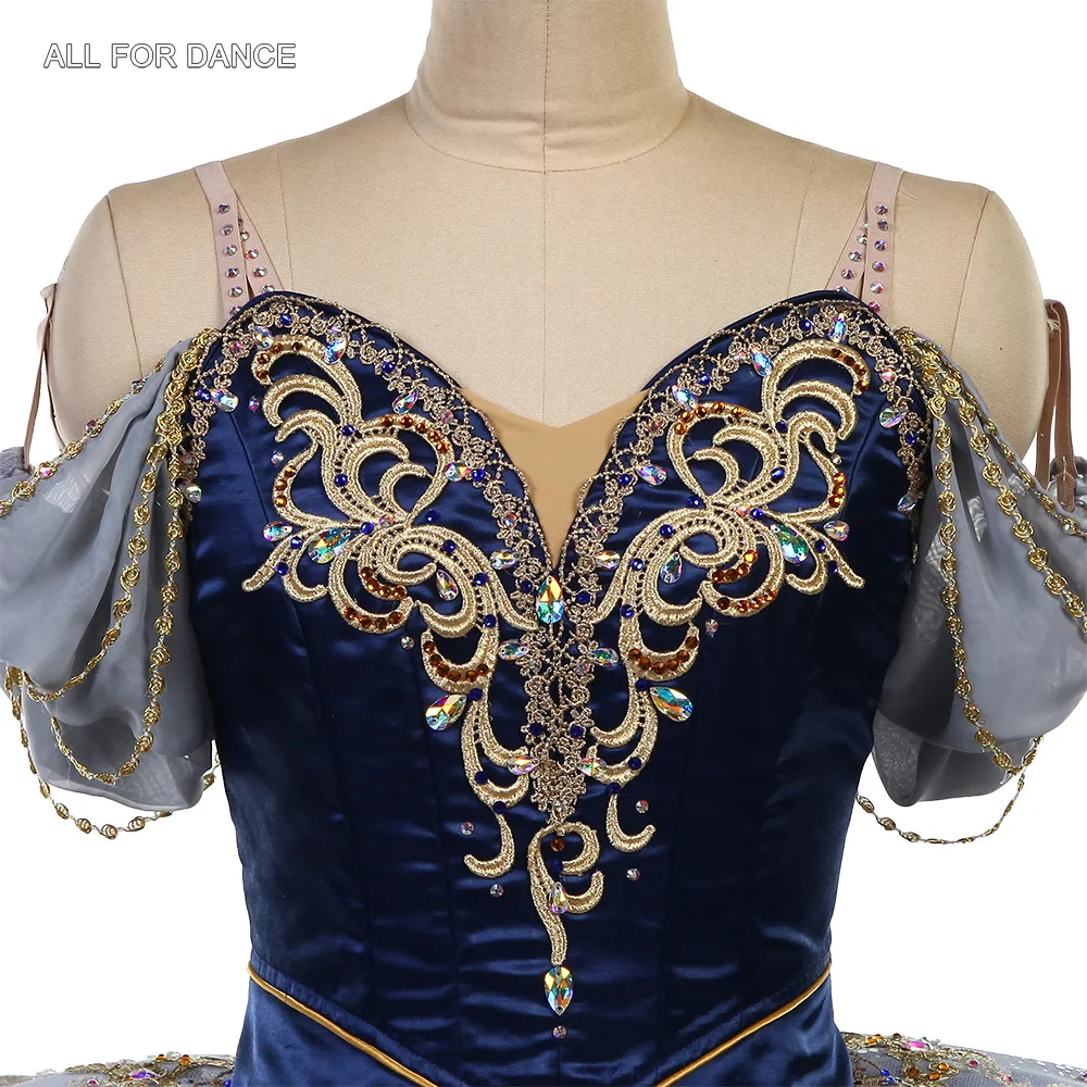 B26639 ネイビーブルー プロフェッショナル バレエ チュチュ ゴールドトリム付き YAGP または舞台パフォーマンス用のオーダーメイド バレエ チュチュ