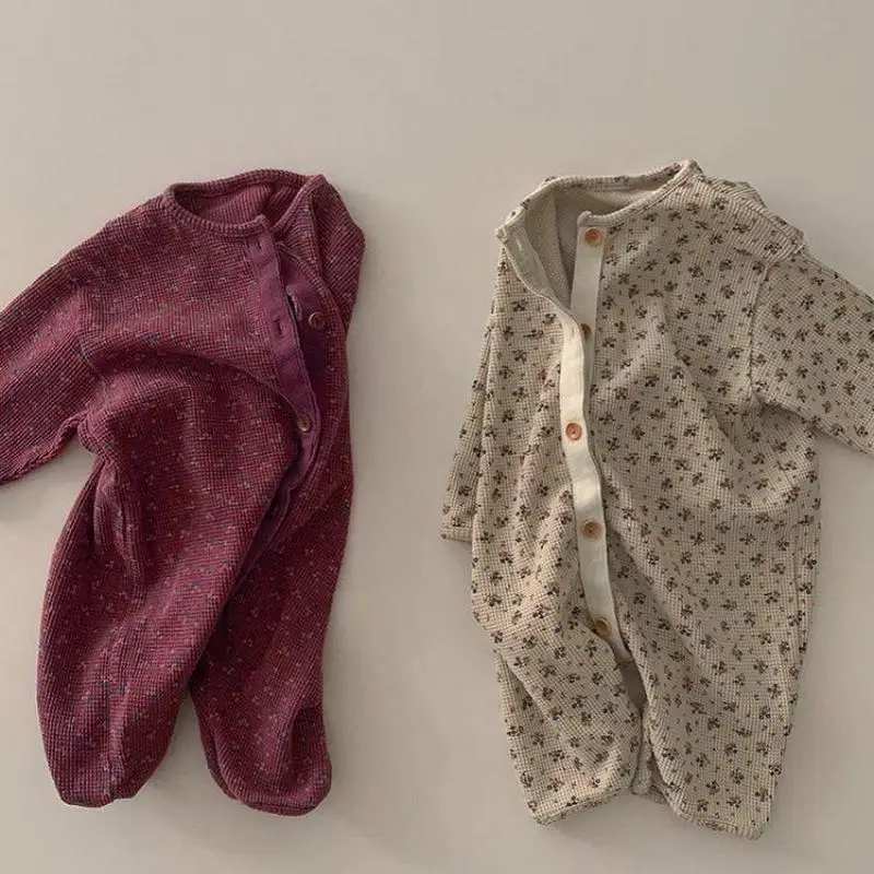 2026 Spring New Baby Long Sleeve Romper Flower Print Infant Boy Girl Waffle Jumpsuit Cotton Loose Newborn Clothes 0-24M
