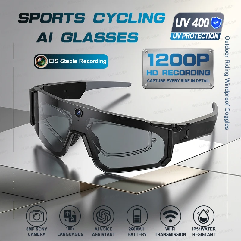2026 NEW AI Smart Glasses ChatGPT 1080P Camera 8MP Anti-shake Cycling Video&Photo Sport Sunglasses DualMic 32GB Windproof Goggle
