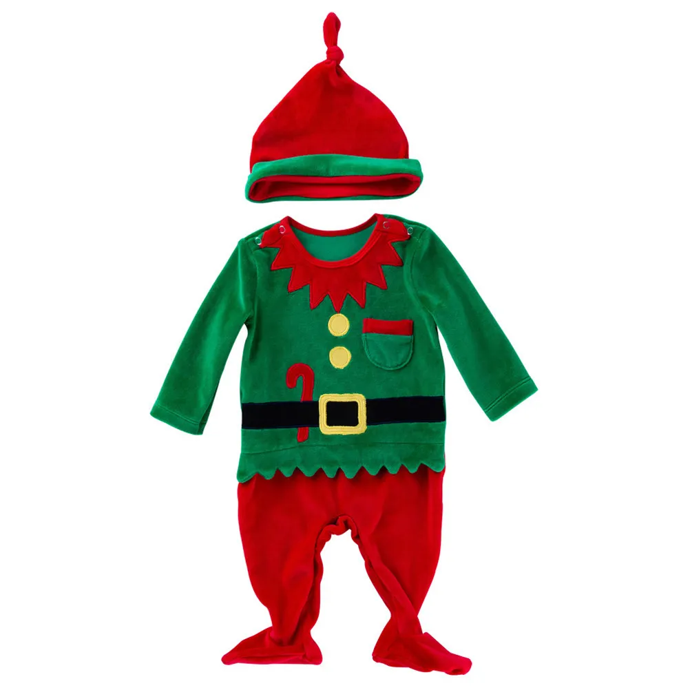 1Set Baby Jumpsuit Santa Claus Clothes Xmas Christmas Costume Red Green Classic Design Round Collar Buckle Convenient Fast Open