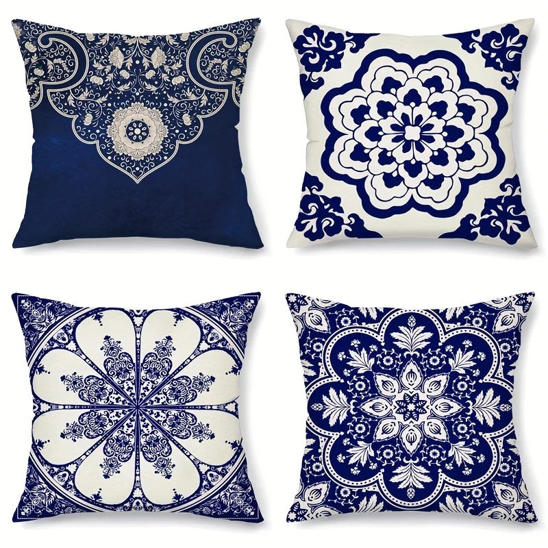 

4Pcs Blue White Floral Pillow Covers, Traditional Porcelain Style Cushion Cases for Sofa Living Room Ethnic Home Decor