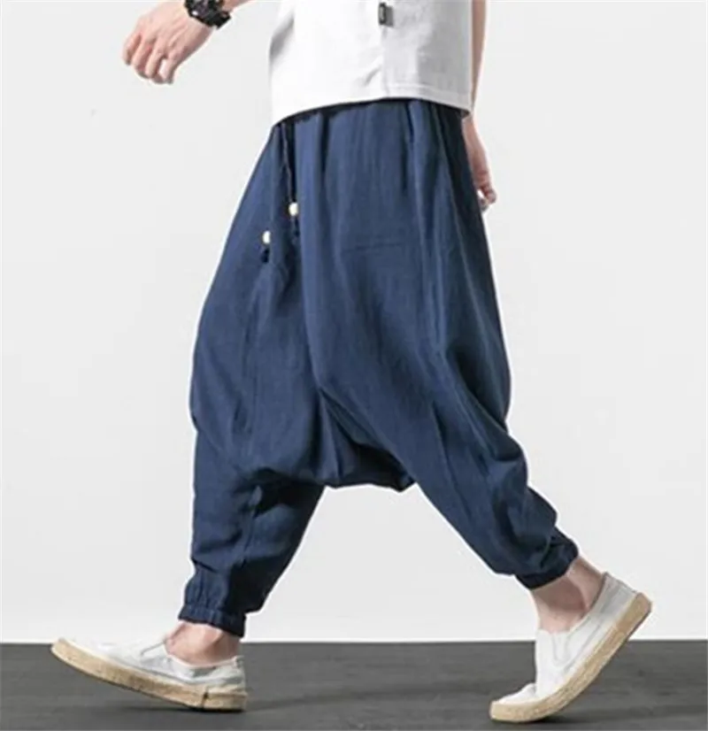 M-6XL 7XL حجم كبير الرجال القطن الكتان السراويل موضة 2025 الخريف طويل عبر السراويل الصيف الهيب هوب الرقص السراويل أسود غاري الأبيض