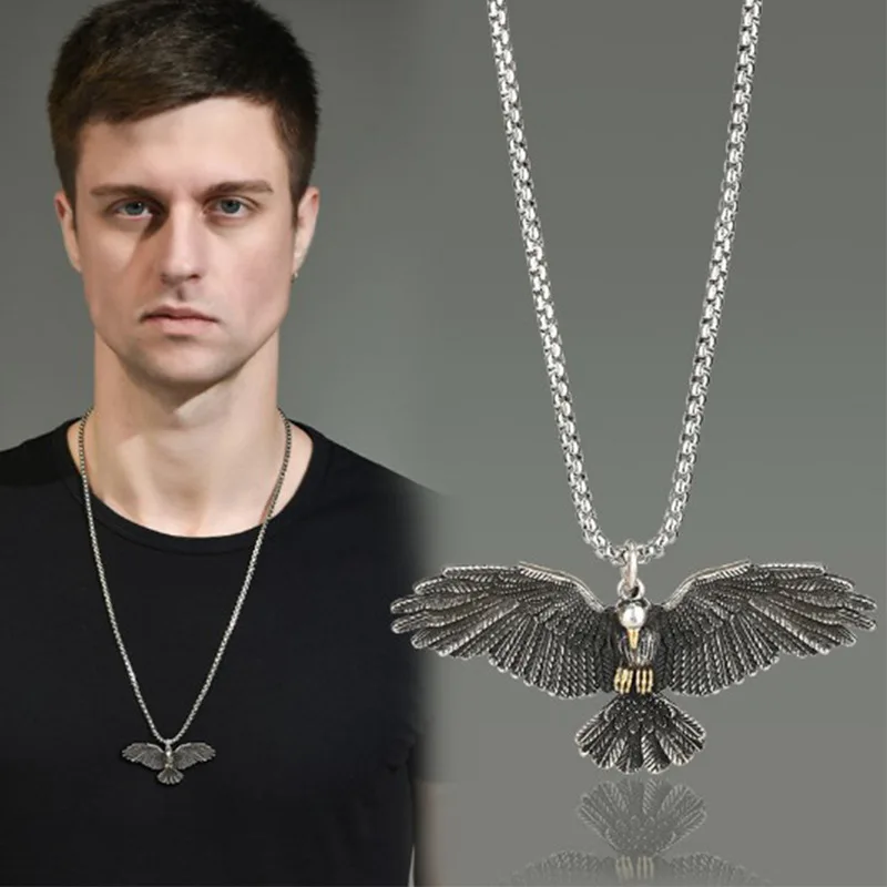 Simple Mens Stainless Steel Vintage Flying Eagle Pendant Necklace Fashion Hip Hop Chains Spiritual Punk Jewelry for Gift