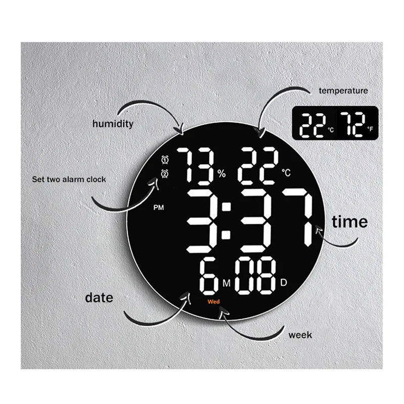 

B61A-10 Inch Digital Wall Clock With LED Display Remote Control Adjustable Brightness Digital Alarm Clock/Temp/Calendar/Date