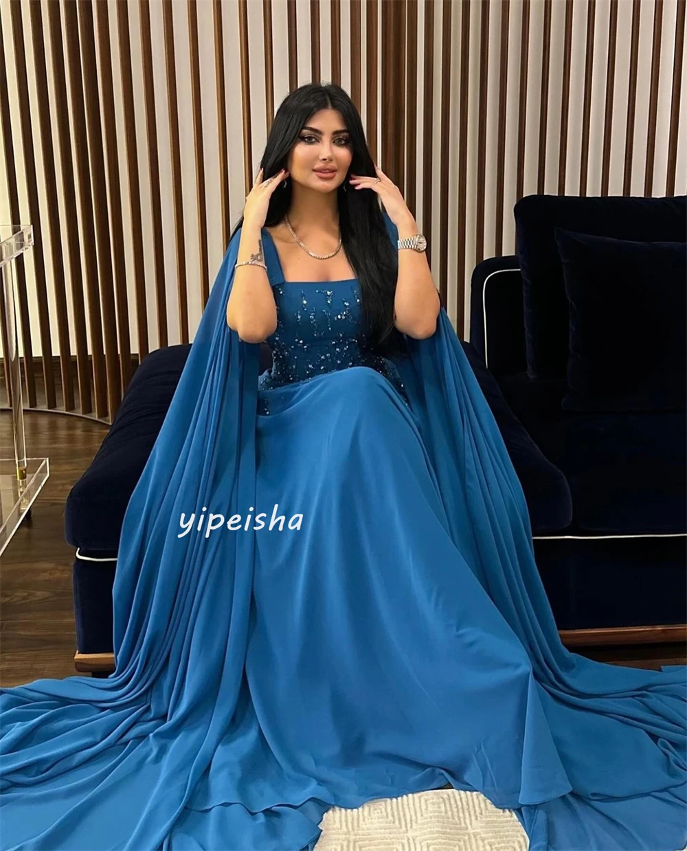 Exquisite Sparkle Customized Jersey Sequined Beading Ruched Clubbing A-line Square Neck Bespoke Occasion Gown Long Dresses