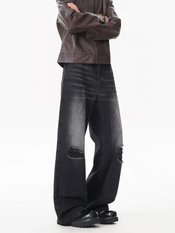 

Trendy American Waed adient Hole Denim Jeans Men's Deconstructed Workwear Tapered Straight Leg Micro Flared Pants